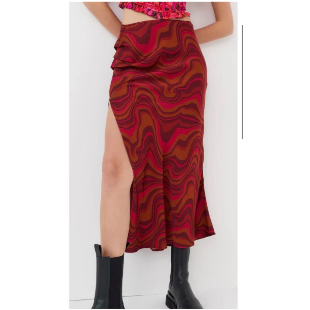 For Love & Lemons Eleanor Midi Skirt Medium Red Psychedelic Wave Slit Retro Boho